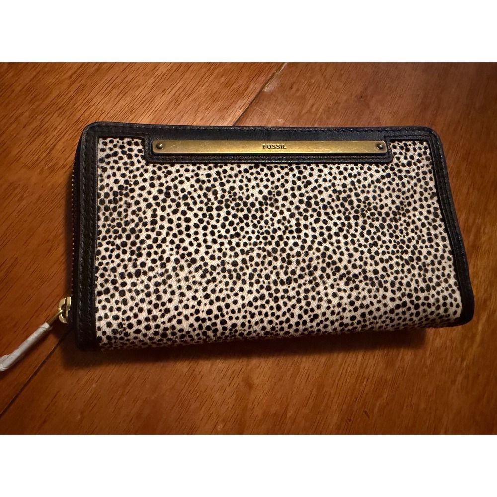 Fossil Haircalf Zip Around Wallet Black White Spotted Animal Print Clutch